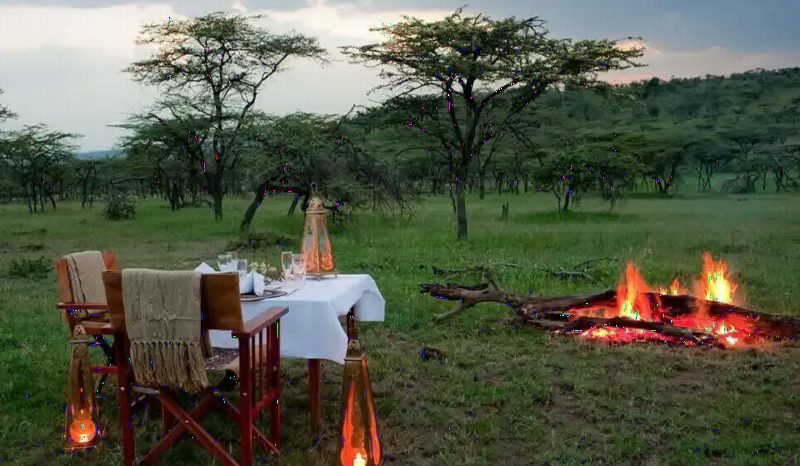 A table set for dinner beside a campfire in the bush.