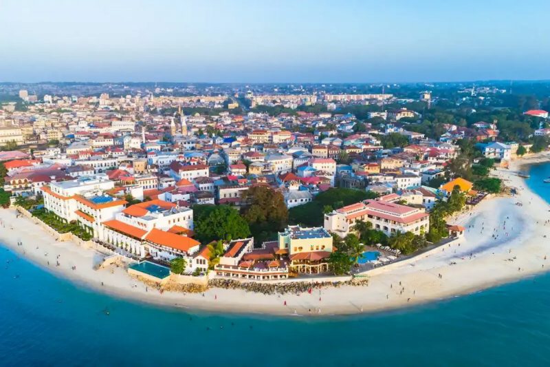 An aerial view of Zanzibar Town beside the sea.